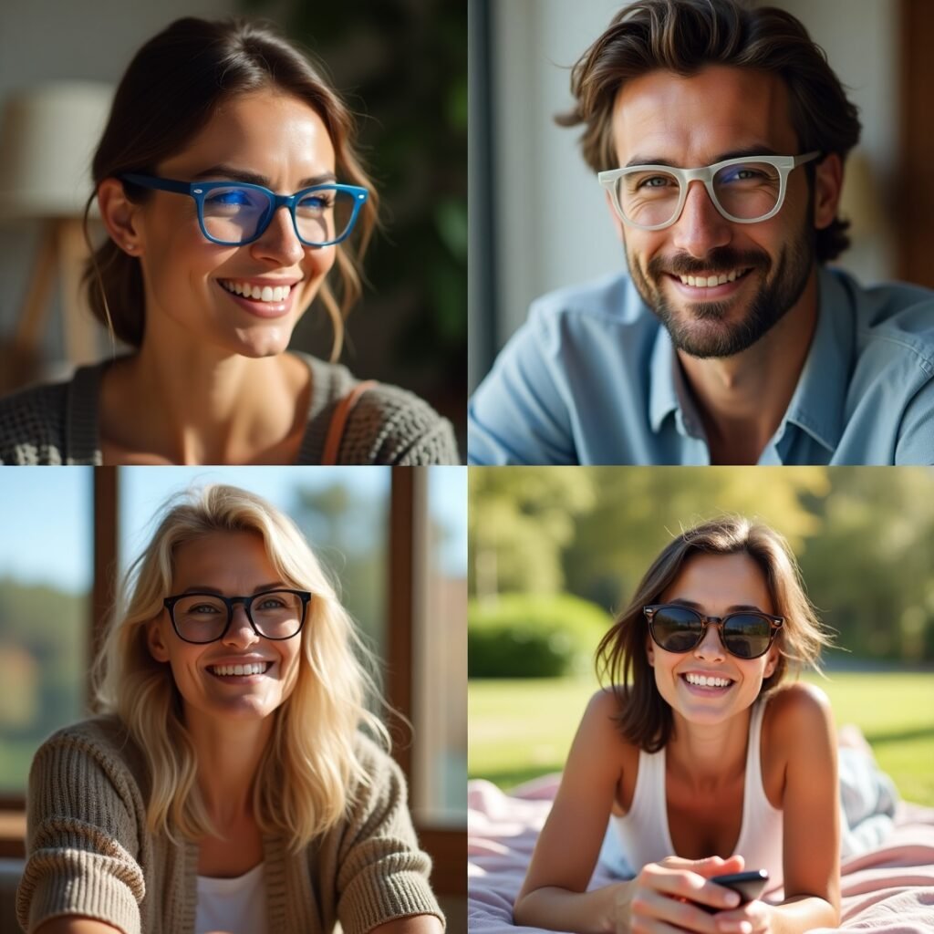 Personas de distintas edades, felices y con estilo, usando lentes ópticos de Goodwill, destacando moda y calidad visual para todos.